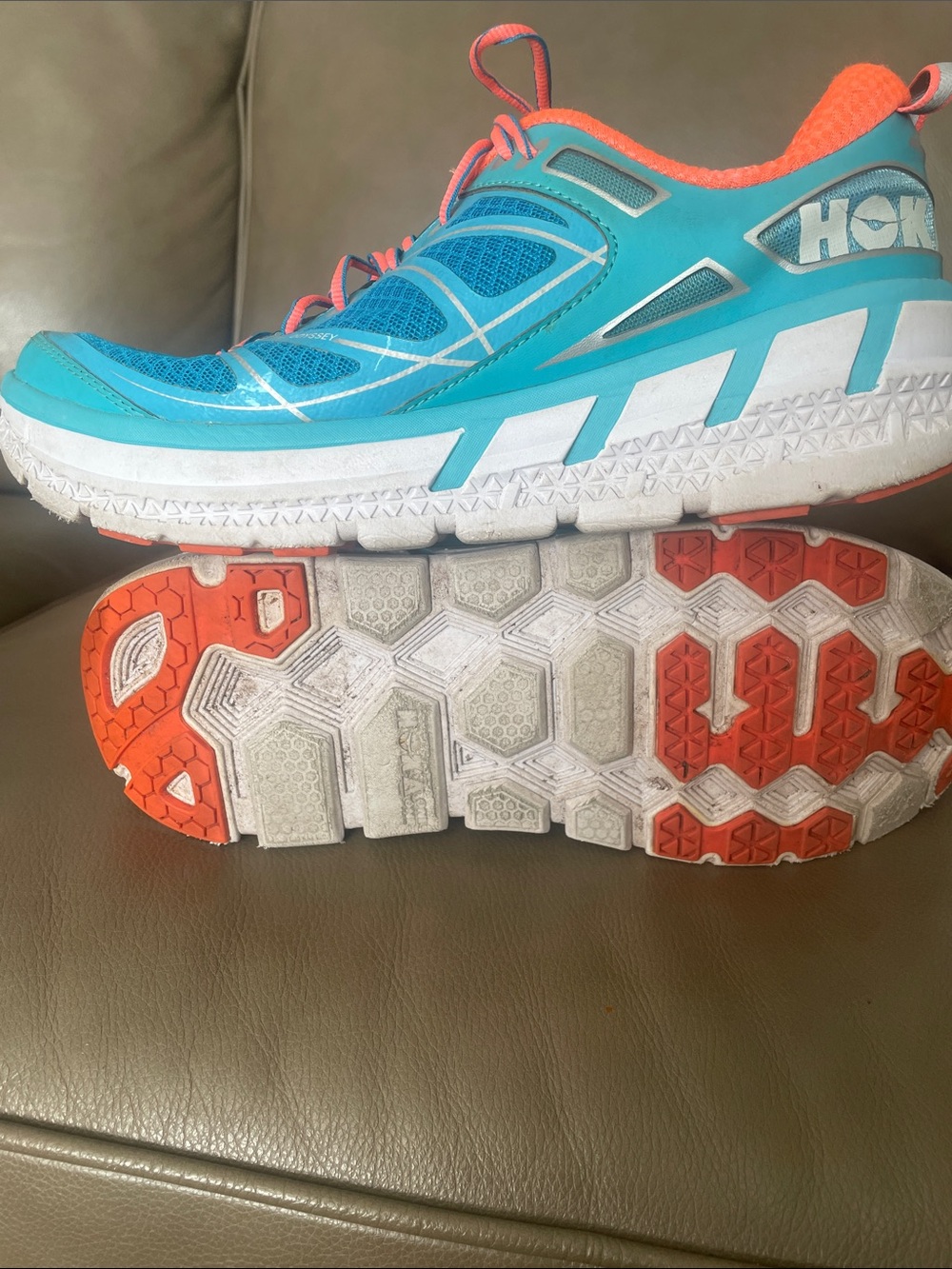Hoka One One Women's Teal and Orange Cushioned Running Shoes - Picture 6 of 7